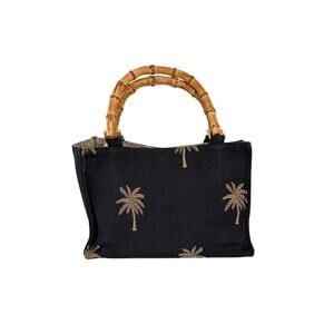 Queen Bee Bag Black Bamboo Handles Gold Palm Trees Herringbone Lining Pocket
